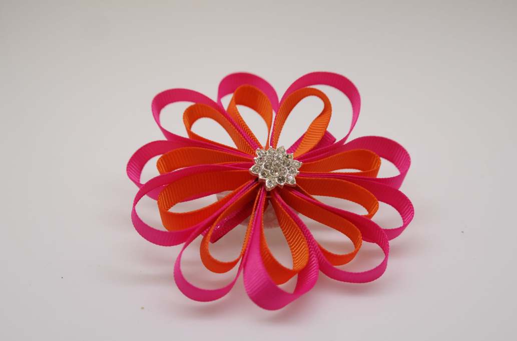 Large petal flower hair Bow with colors  Russet Orange, Shocking PInk